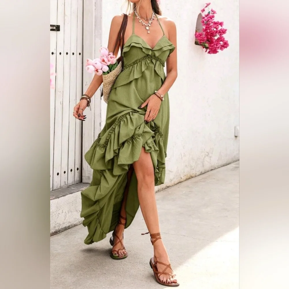 New Strappy Tie Tiered Ruffle Cami Maxi Dress Green - Picture 3 of 10